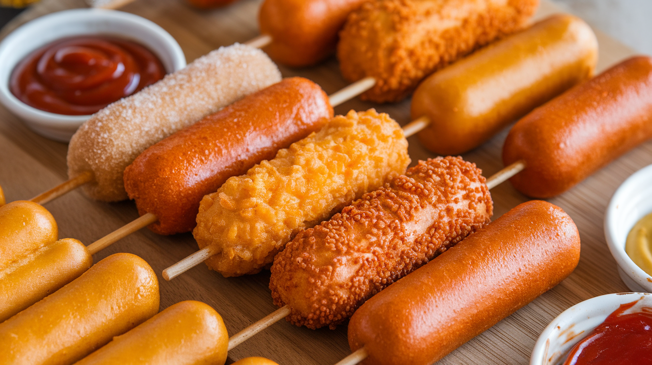 A golden-brown Korean corndog coated with crispy breadcrumbs, drizzled with ketchup and mustard, served on a wooden stick.