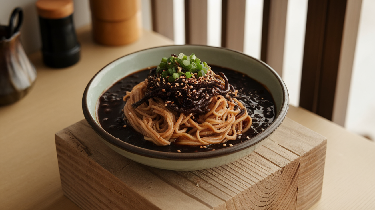 A bowl of Korean black bean noodles (Jajangmyeon) topped with chopped green onions and diced vegetables, served with a side of kimchi and a pair of chopsticks.