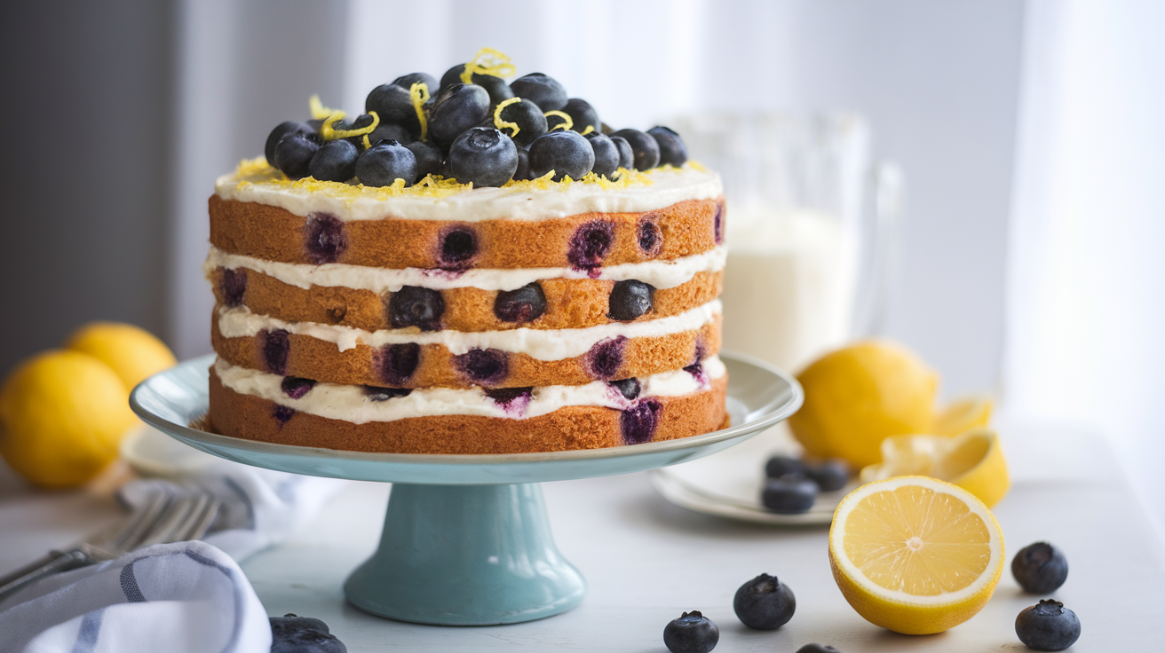 Lemon blueberry layer cake with fresh blueberries and lemon zest on top, featuring creamy frosting between moist cake layers.