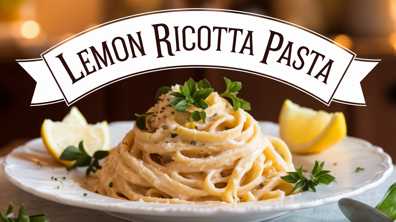 A delicious plate of lemon ricotta pasta garnished with fresh herbs and zest, served with a sprinkle of parmesan cheese.