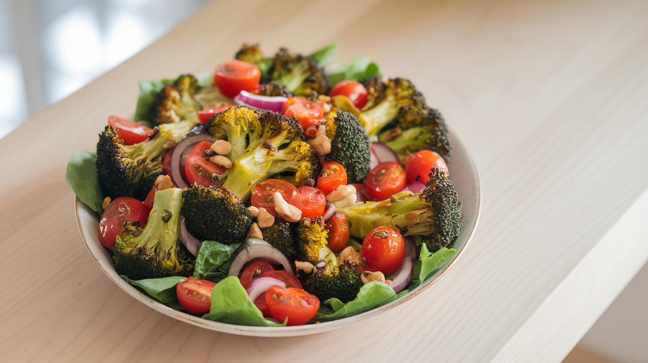 A vibrant bowl of roasted broccoli salad with golden-brown broccoli florets, cherry tomatoes, toasted nuts, and fresh herbs.