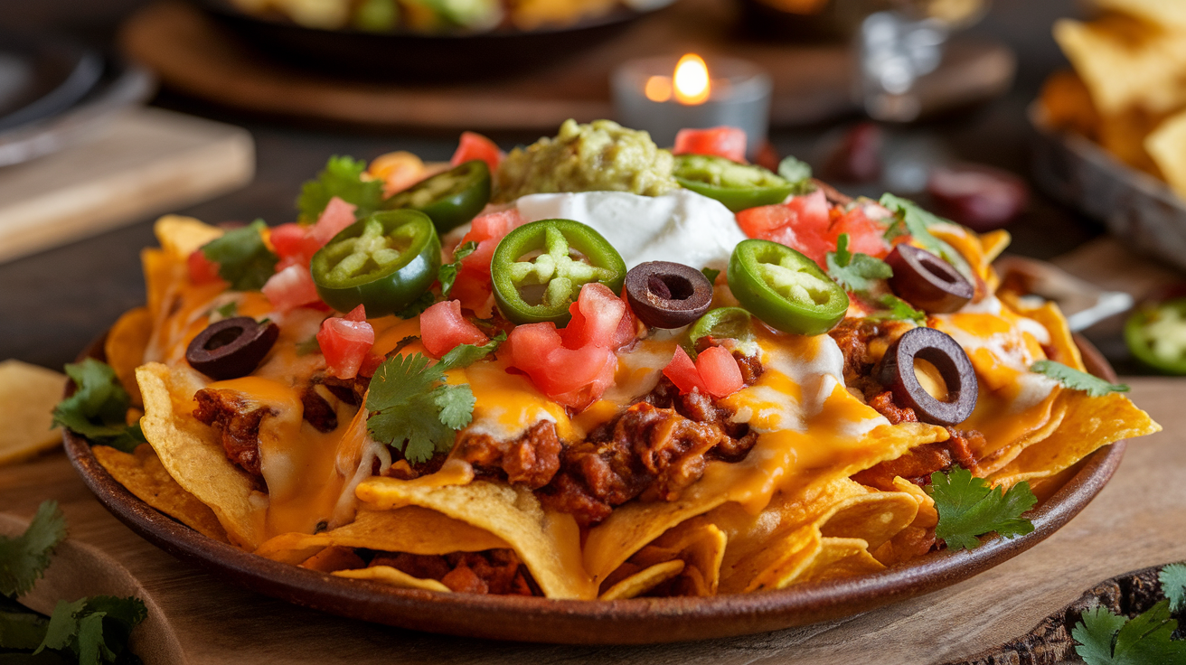 A colorful plate of loaded nachos topped with melted cheese, jalapeños, sour cream, guacamole, diced tomatoes, and sliced olives.