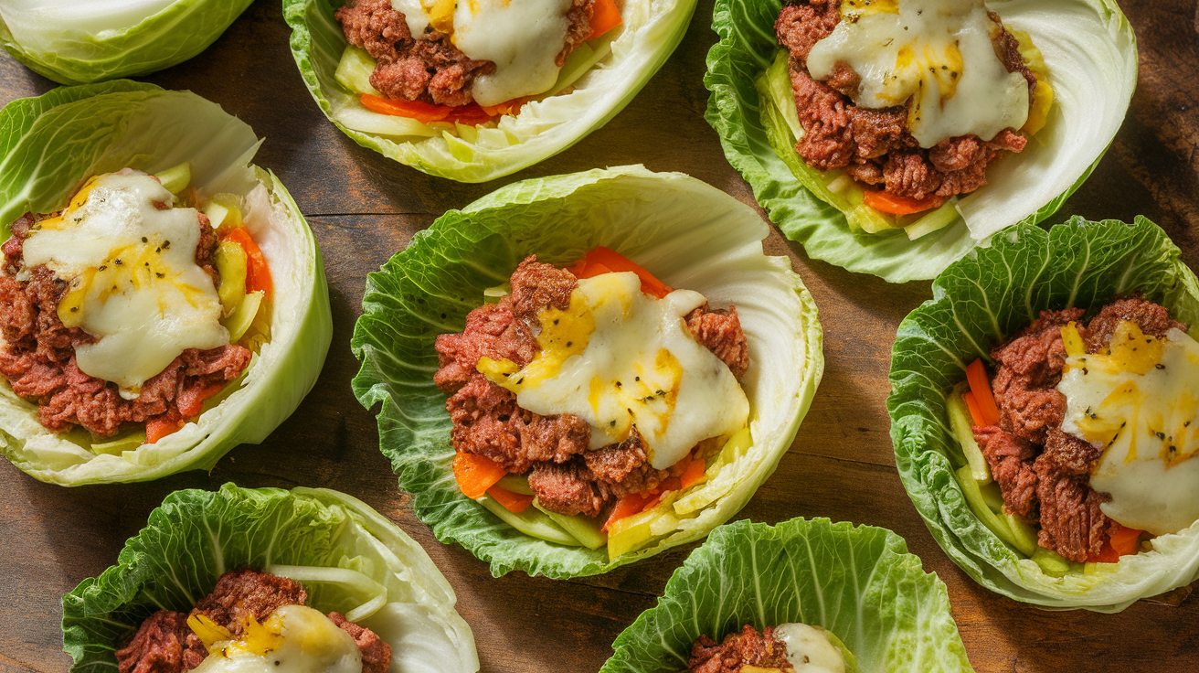 Close-up of a low-carb cheeseburger wrapped in crisp cabbage leaves, topped with melted cheese, pickles, and fresh tomatoes.