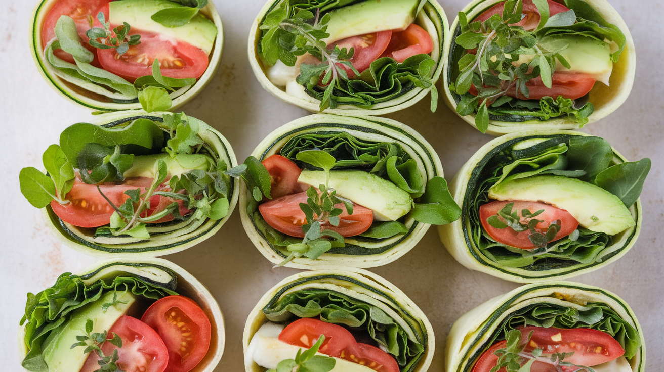 Fresh low carb zucchini wrap filled with colorful vegetables and grilled chicken, served on a white plate.