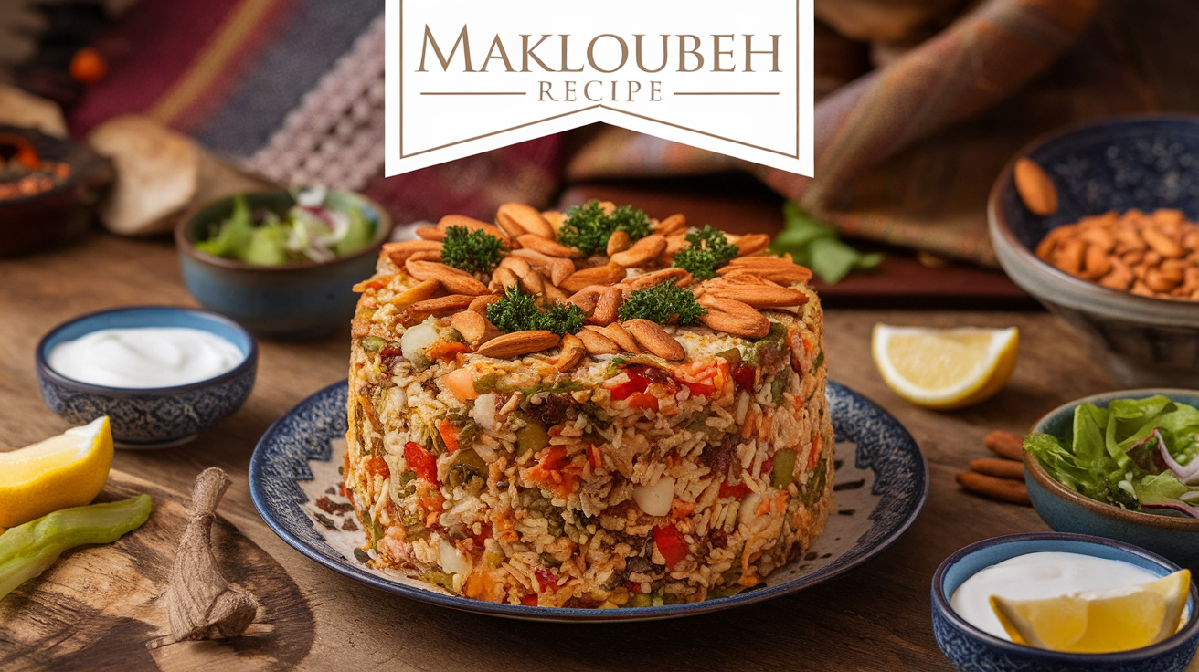 A traditional Middle Eastern Makloubeh dish with layered rice, eggplant, and meat, served on a large round platter.
