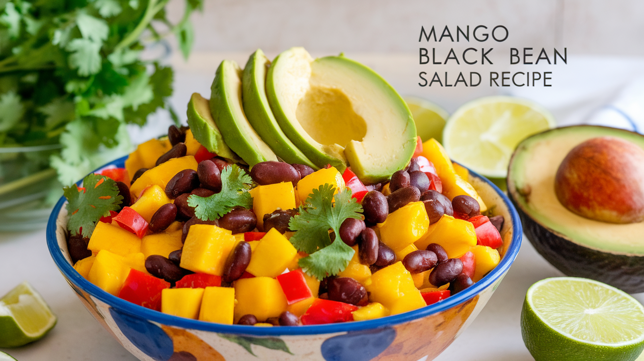 A colorful and vibrant Mango Black Bean Salad featuring diced mango, black beans, red bell peppers, onions, and fresh cilantro, topped with a zesty lime dressing.