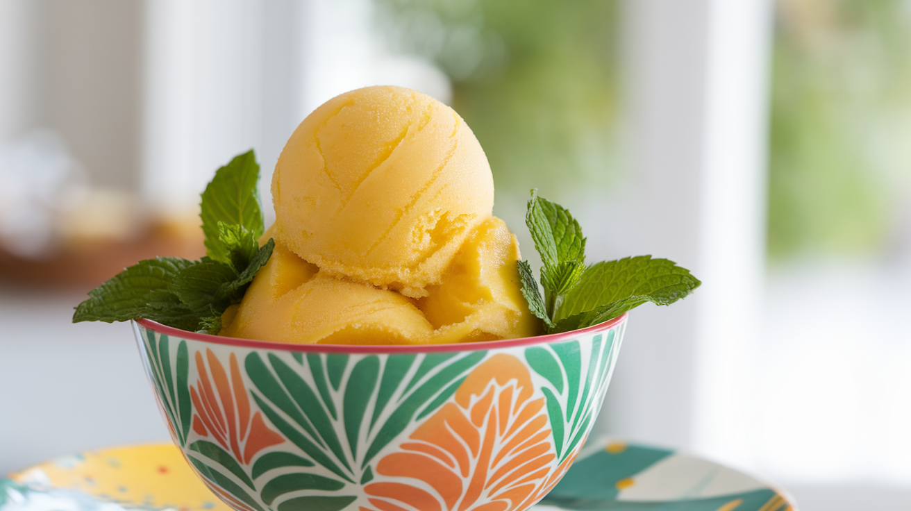 A refreshing Mango Passion Fruit Sorbet served in a bowl with a spoon, garnished with fresh mint leaves and colorful fruit slices.
