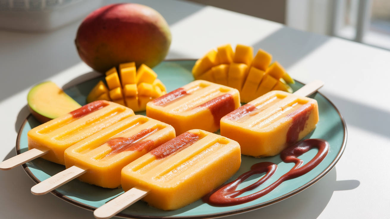 Frozen mango and chamoy paletas on a tray, garnished with chili powder and lime slices.