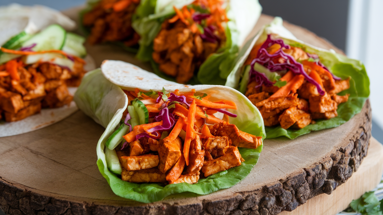 A close-up of a tortilla wrap filled with shredded tofu glazed in a maple hoisin sauce, garnished with fresh vegetables and herbs, and served on a rustic wooden board.