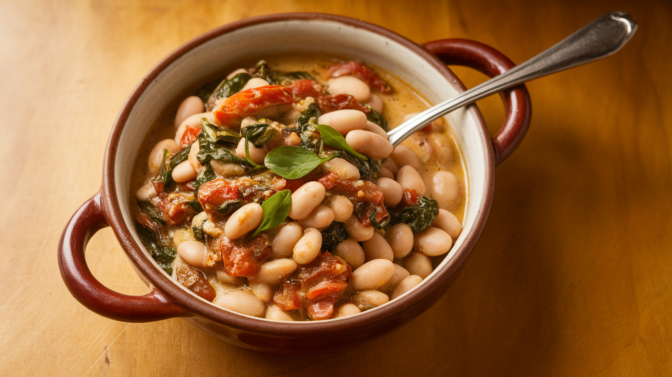 Close-up of a creamy Tuscan butter beans dish garnished with fresh herbs in a white bowl.