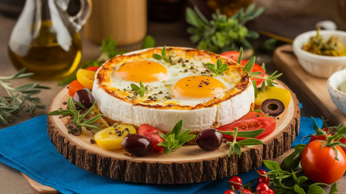 A delicious Mediterranean baked feta eggs dish with soft baked eggs, crumbled feta cheese, fresh herbs, and vibrant vegetables like tomatoes and olives, served in a rustic baking dish.