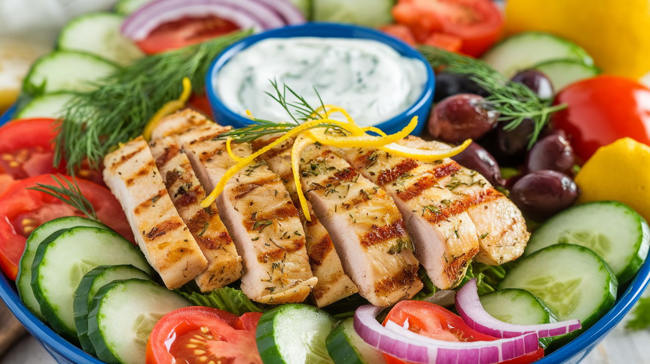A delicious Mediterranean-inspired chicken bowl with grilled chicken, lemon, dill, and fresh vegetables served on a bed of rice, garnished with herbs.