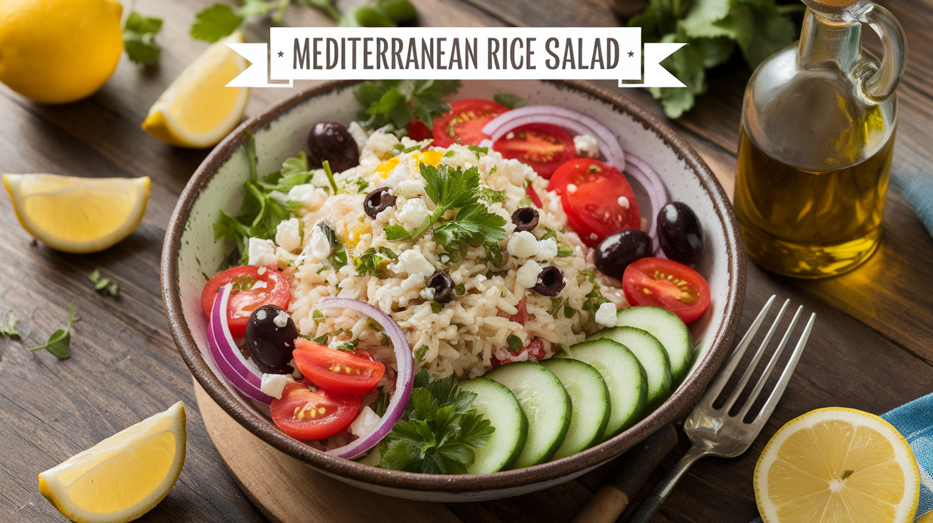 A colorful Mediterranean rice salad with cherry tomatoes, cucumbers, olives, red onion, and fresh herbs in a white serving bowl.