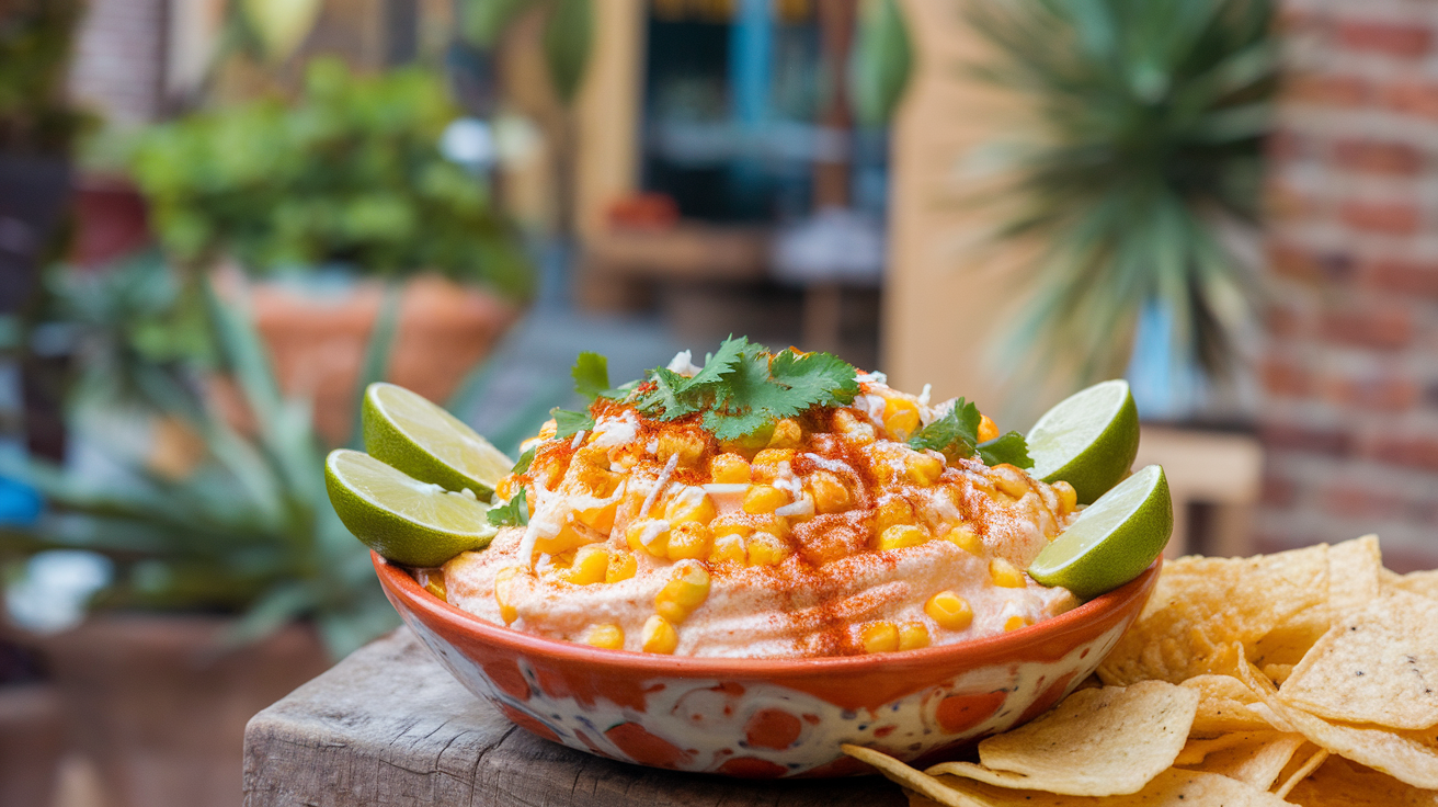 Creamy Mexican street corn dip topped with fresh cilantro and crumbled cotija cheese in a rustic bowl, surrounded by tortilla chips.