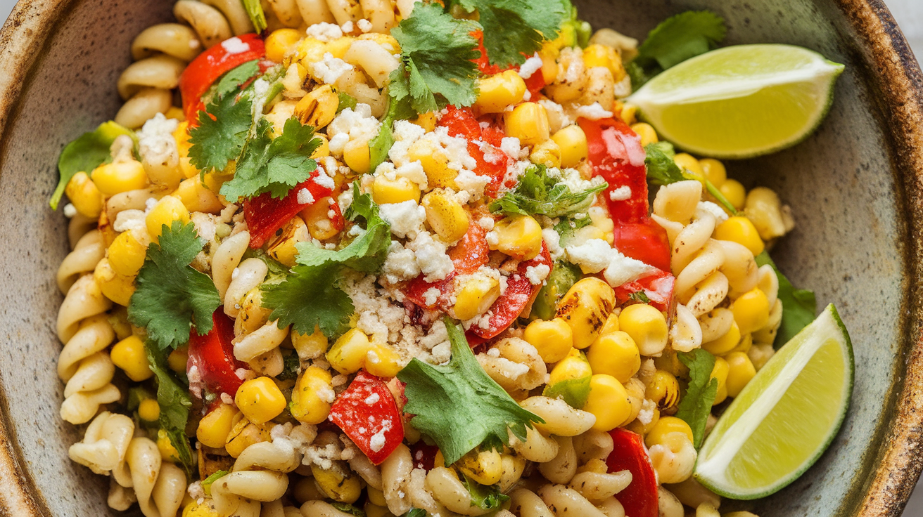 A vibrant bowl of Mexican street corn pasta salad with grilled corn, pasta, fresh cilantro, diced red onions, and crumbled cotija cheese.