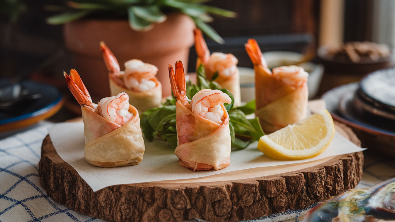 Close-up of mini shrimp rolls served on a white plate with fresh garnish.