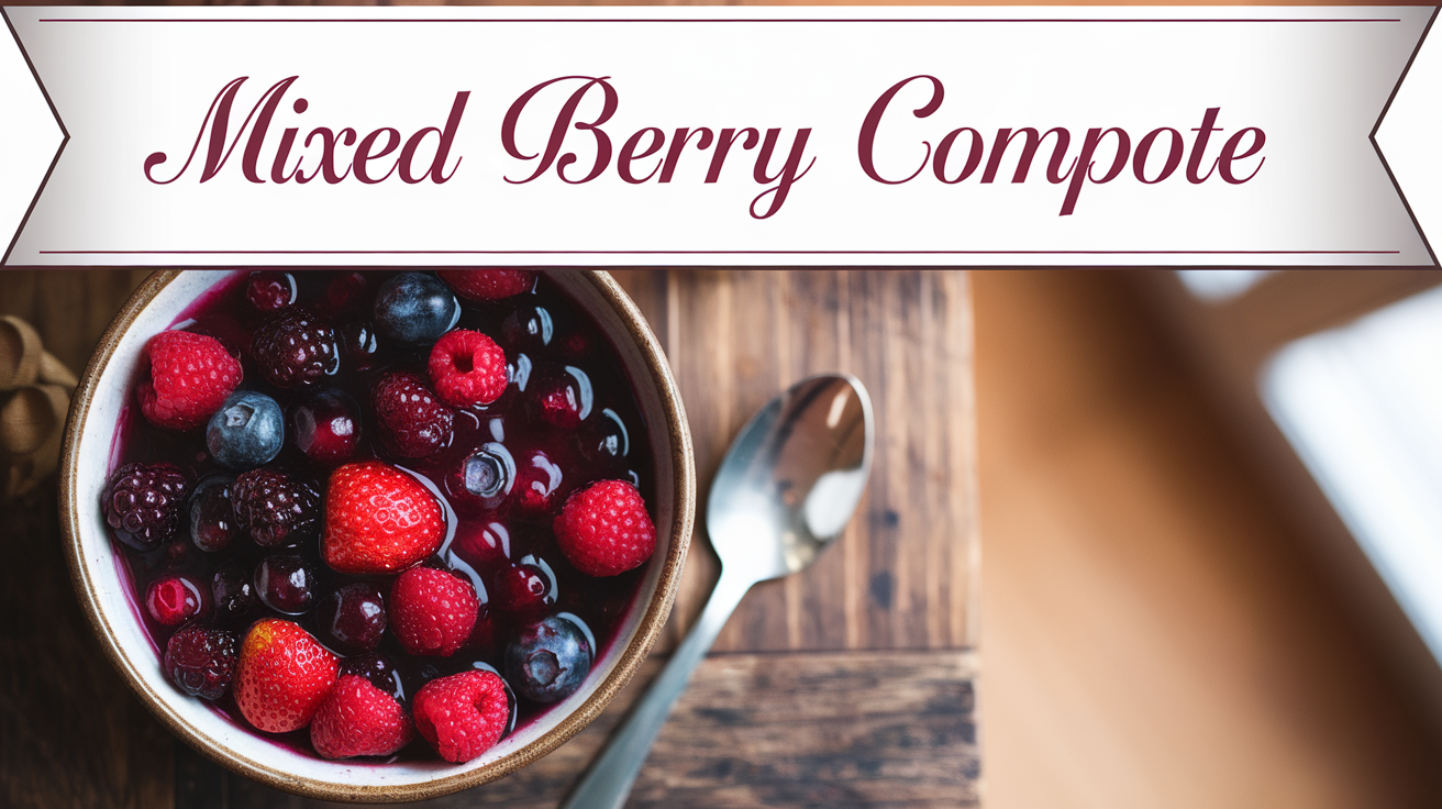 A bowl of mixed berry compote made with strawberries, blueberries, and raspberries, glistening with syrup and garnished with a sprig of mint.