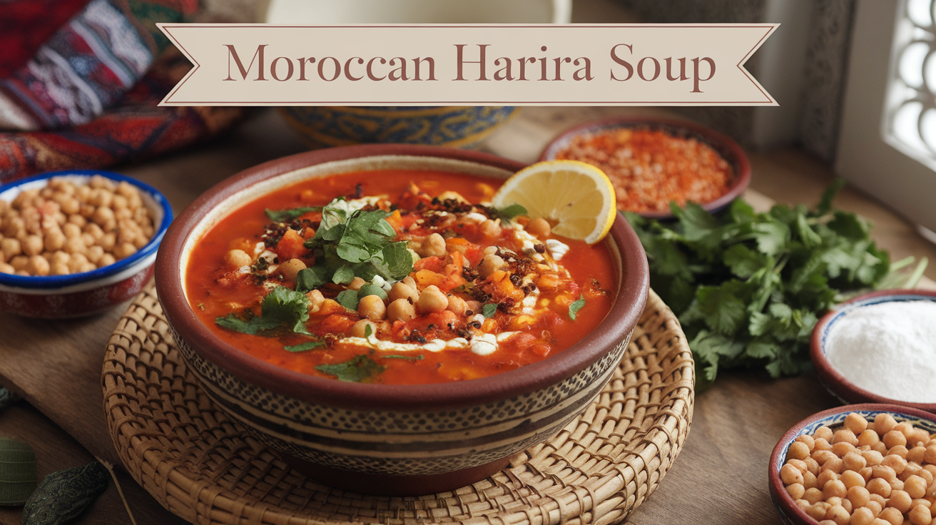 A steaming bowl of traditional Moroccan Harira soup garnished with fresh cilantro and lemon wedges, served with dates and flatbread on the side.