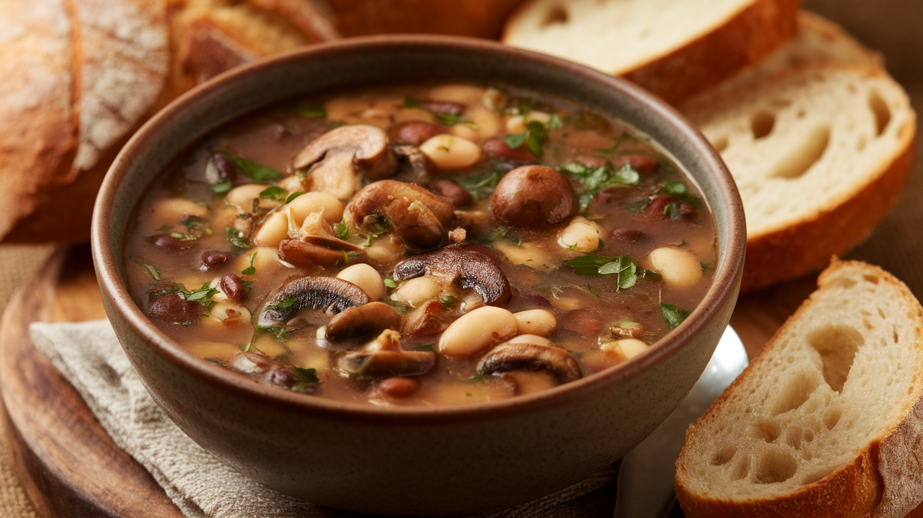 A steaming bowl of hearty mushroom and bean soup garnished with fresh herbs.