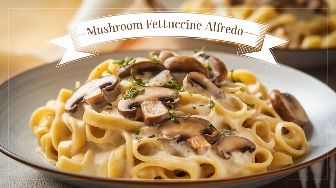 A creamy plate of Mushroom Fettuccine Alfredo topped with fresh parsley and Parmesan cheese.