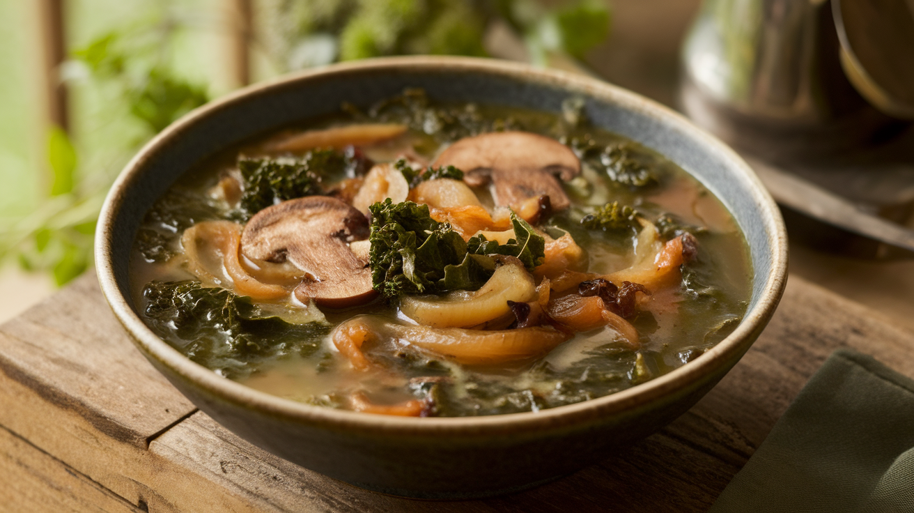 A steaming bowl of mushroom, onion, and kale soup garnished with fresh herbs, served in a rustic ceramic bowl on a wooden table.