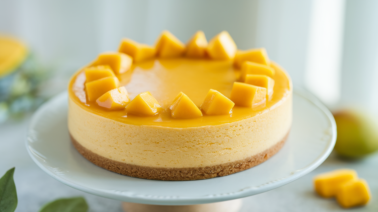 A slice of creamy no bake mango cheesecake topped with fresh mango slices and a golden biscuit crust.