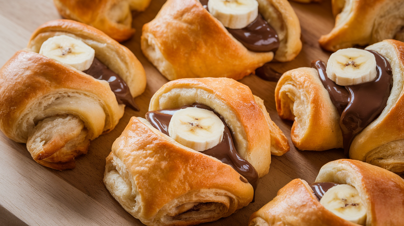 Golden crescent rolls stuffed with melted Nutella and ripe banana slices, served warm on a white plate.