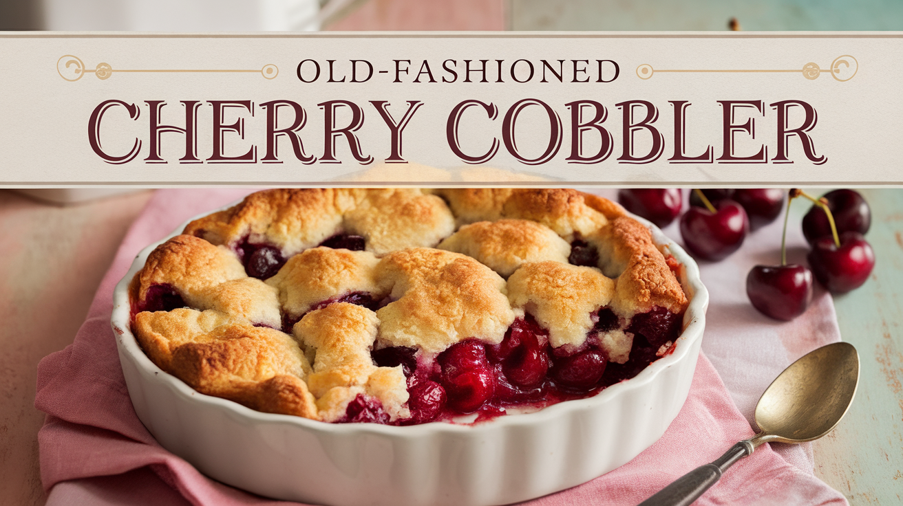 A warm and inviting old-fashioned cherry cobbler served in a rustic dish, with a golden, crumbly topping and vibrant red cherries peeking through.