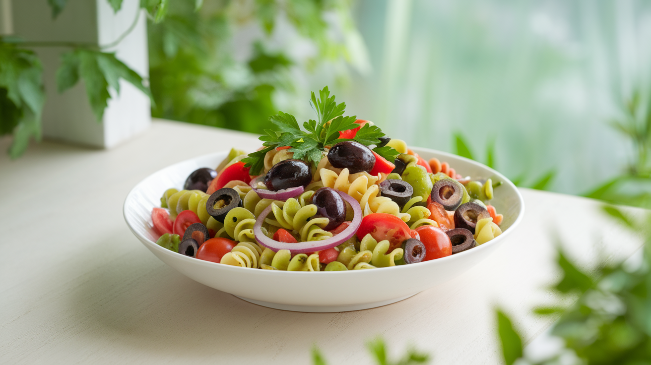 A bowl of olive pasta salad with cherry tomatoes, feta cheese, and fresh herbs.