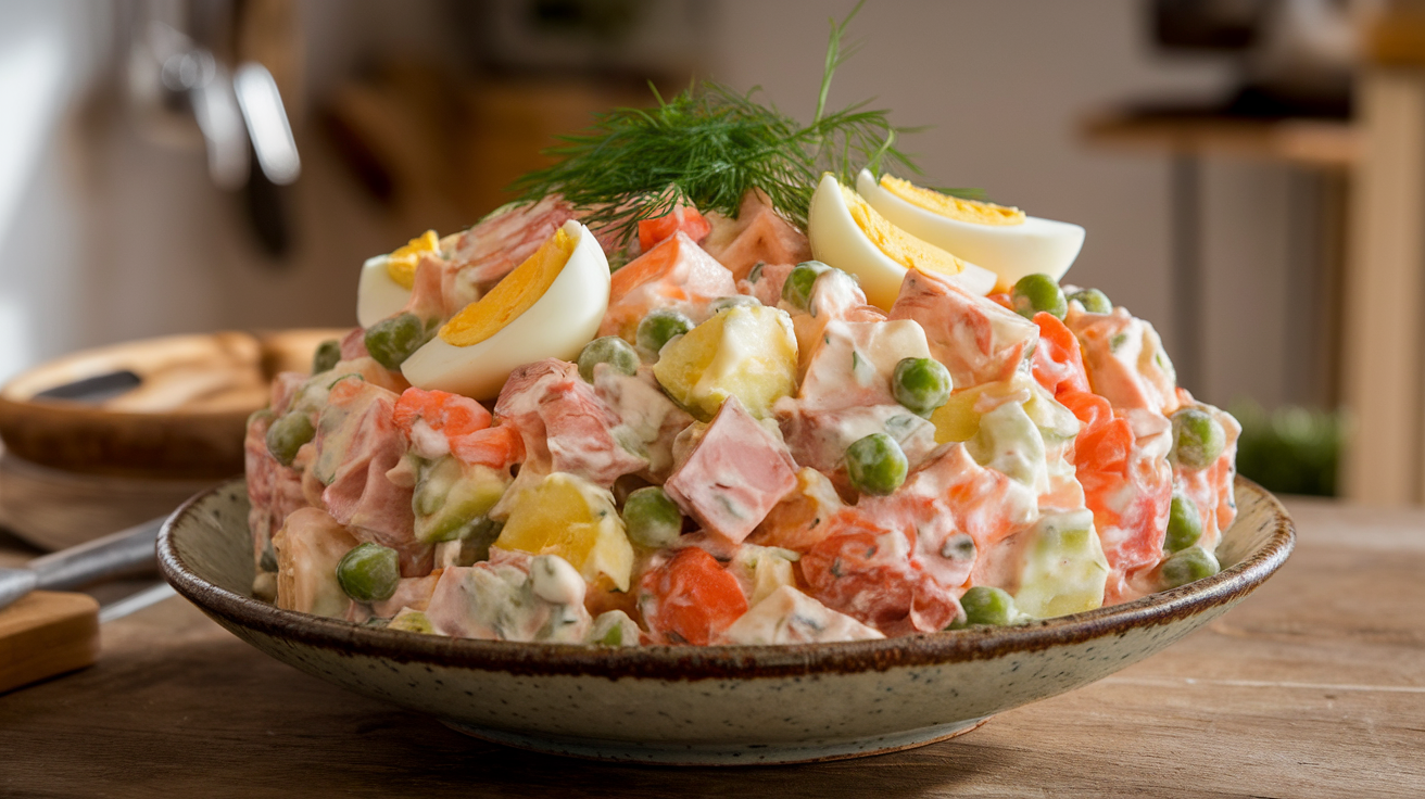 Close-up of a bowl of Olivier Salad (Russian Potato Salad) with diced potatoes, peas, carrots, boiled eggs, pickles, and mayonnaise.