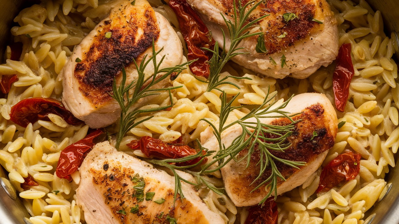 One-pan skillet with golden-brown chicken breasts, creamy orzo pasta, sun-dried tomatoes, and fresh herbs