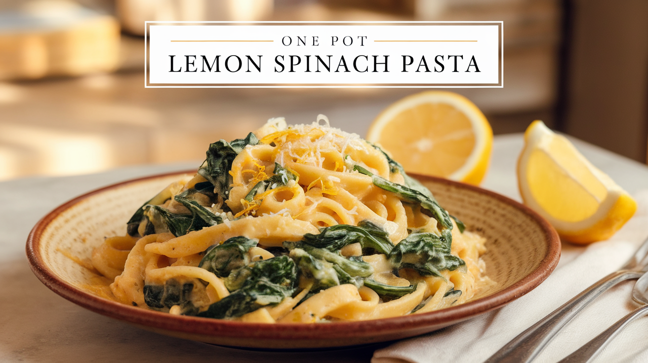 A delicious plate of one pot lemon spinach pasta with fresh spinach and a zesty lemon sauce, served in a bowl.