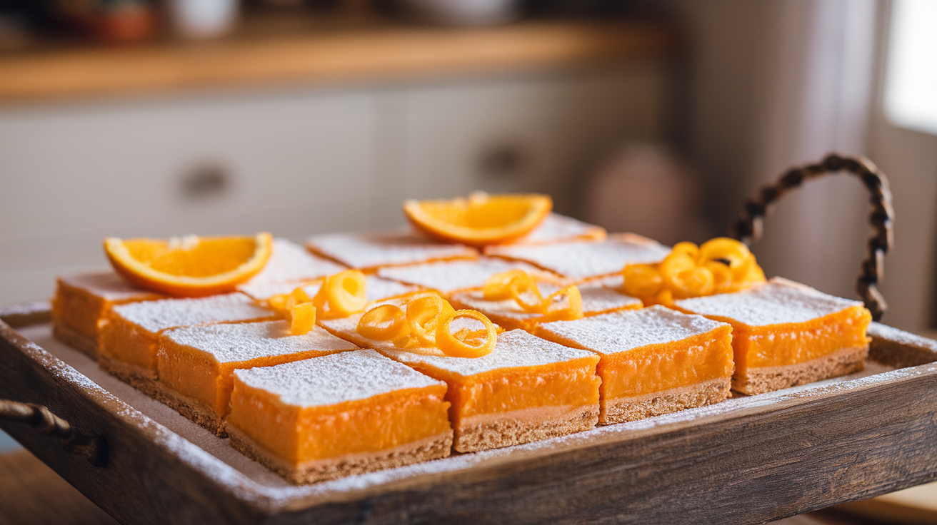 A close-up of orange dessert bars with a golden crust and a glossy citrus glaze, garnished with orange zest.