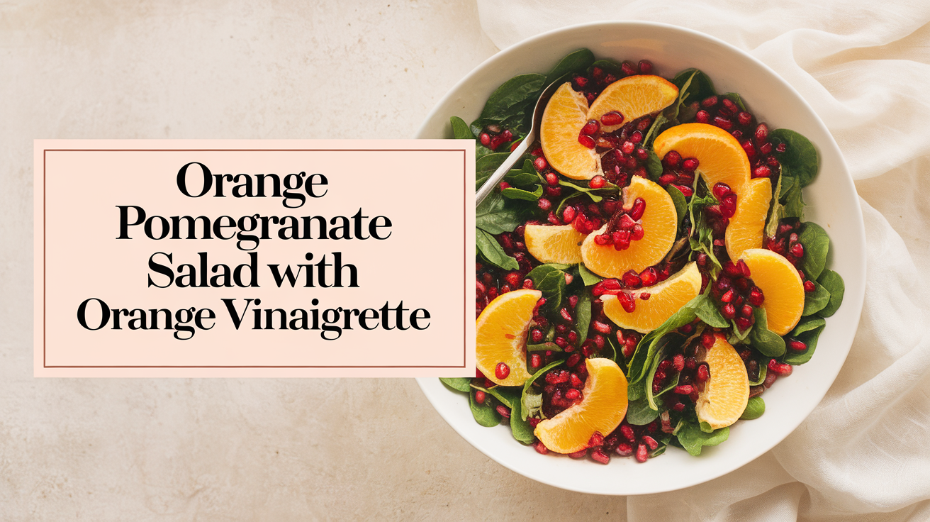 A vibrant orange pomegranate salad topped with a fresh orange vinaigrette dressing, featuring bright orange segments, ruby-red pomegranate seeds, and a mix of leafy greens.