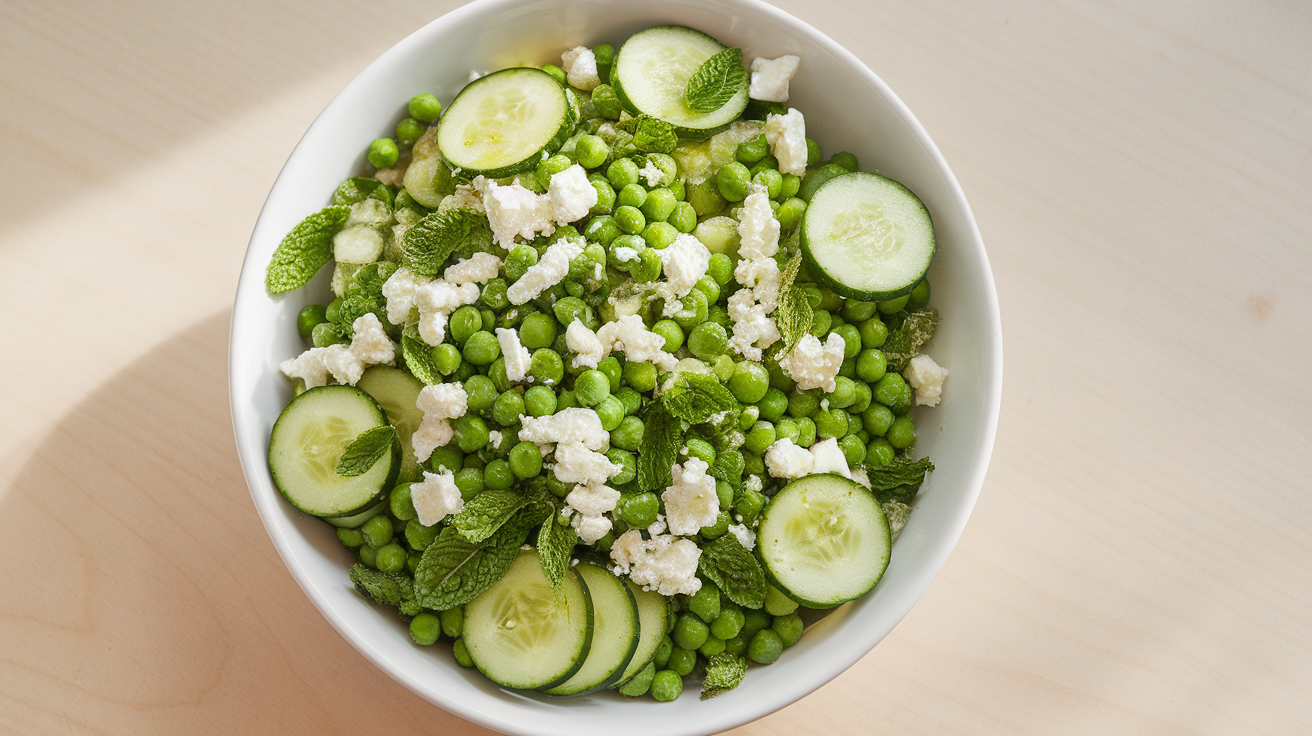 A fresh pea and cucumber salad garnished with mint leaves and a light vinaigrette dressing, served in a white bowl.