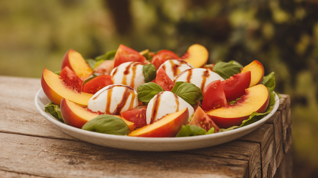 A vibrant Peach Tomato Caprese Salad with fresh basil, mozzarella, and a drizzle of balsamic glaze.
