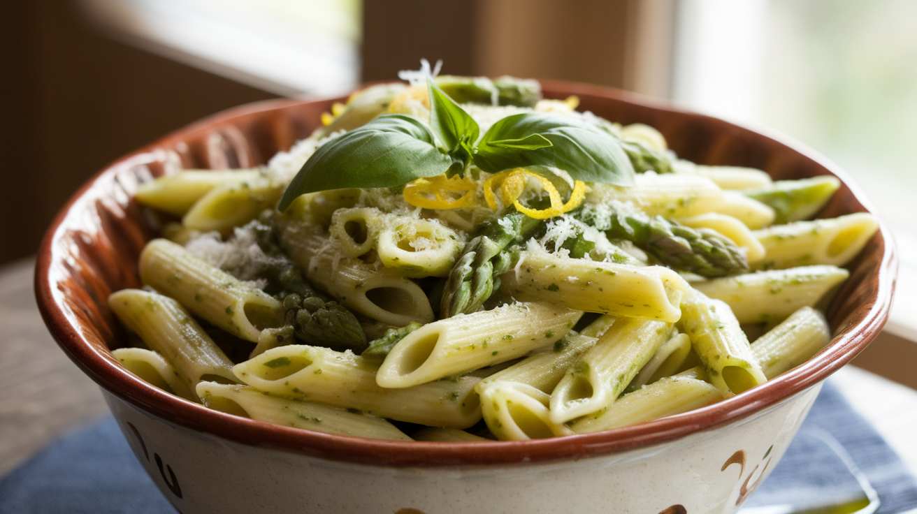 A plate of penne pasta tossed with vibrant green asparagus and lemon pesto, garnished with fresh basil and grated Parmesan cheese.