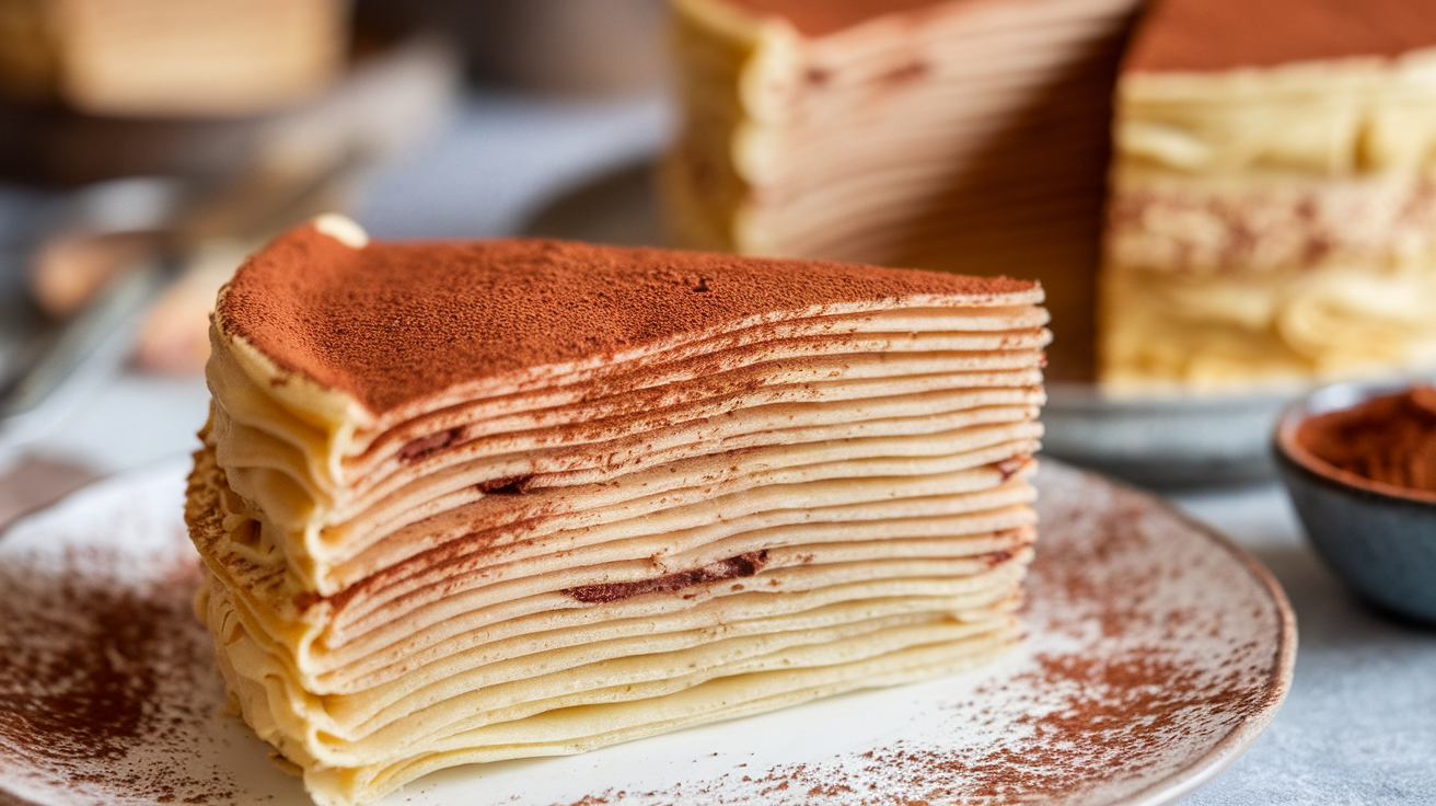 A tall, elegant crepe cake with thin, golden layers stacked neatly and topped with a dusting of powdered sugar and fresh berries.