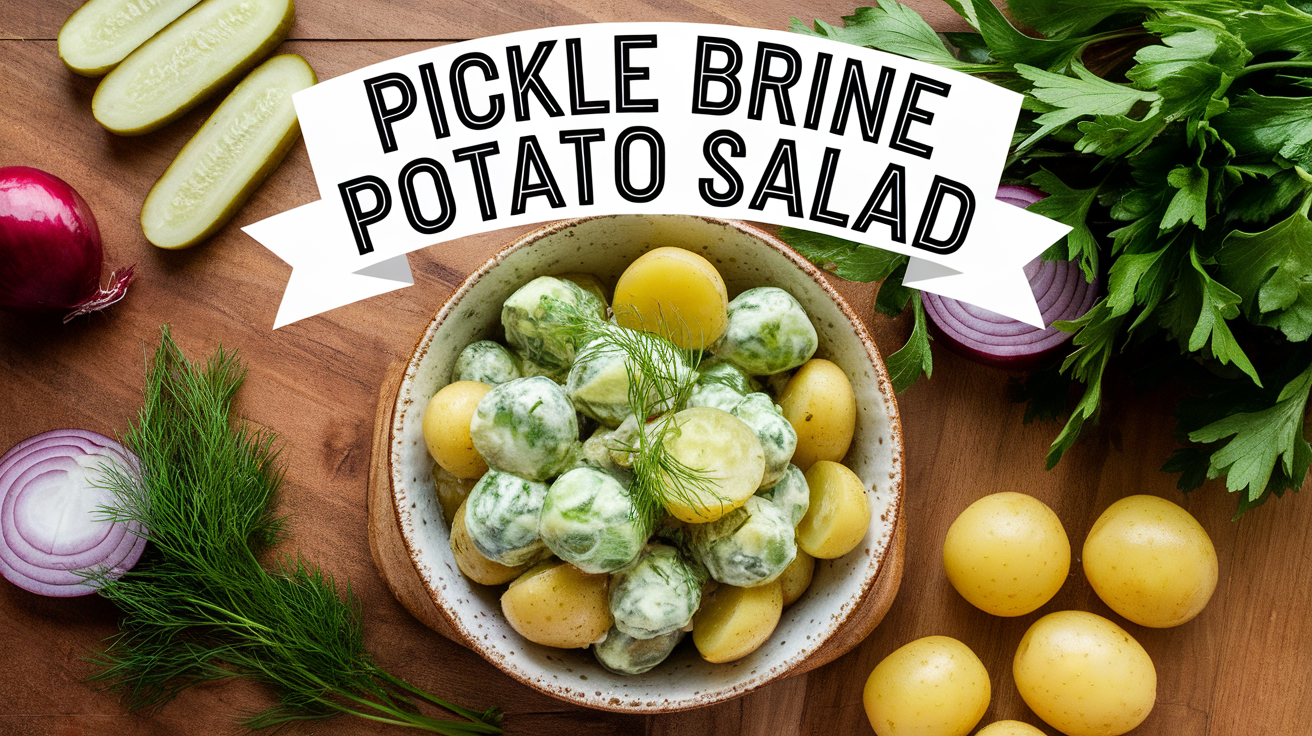A bowl of creamy potato salad garnished with chopped pickles, fresh dill, and a sprinkle of black pepper, served in a rustic ceramic bowl on a wooden table.