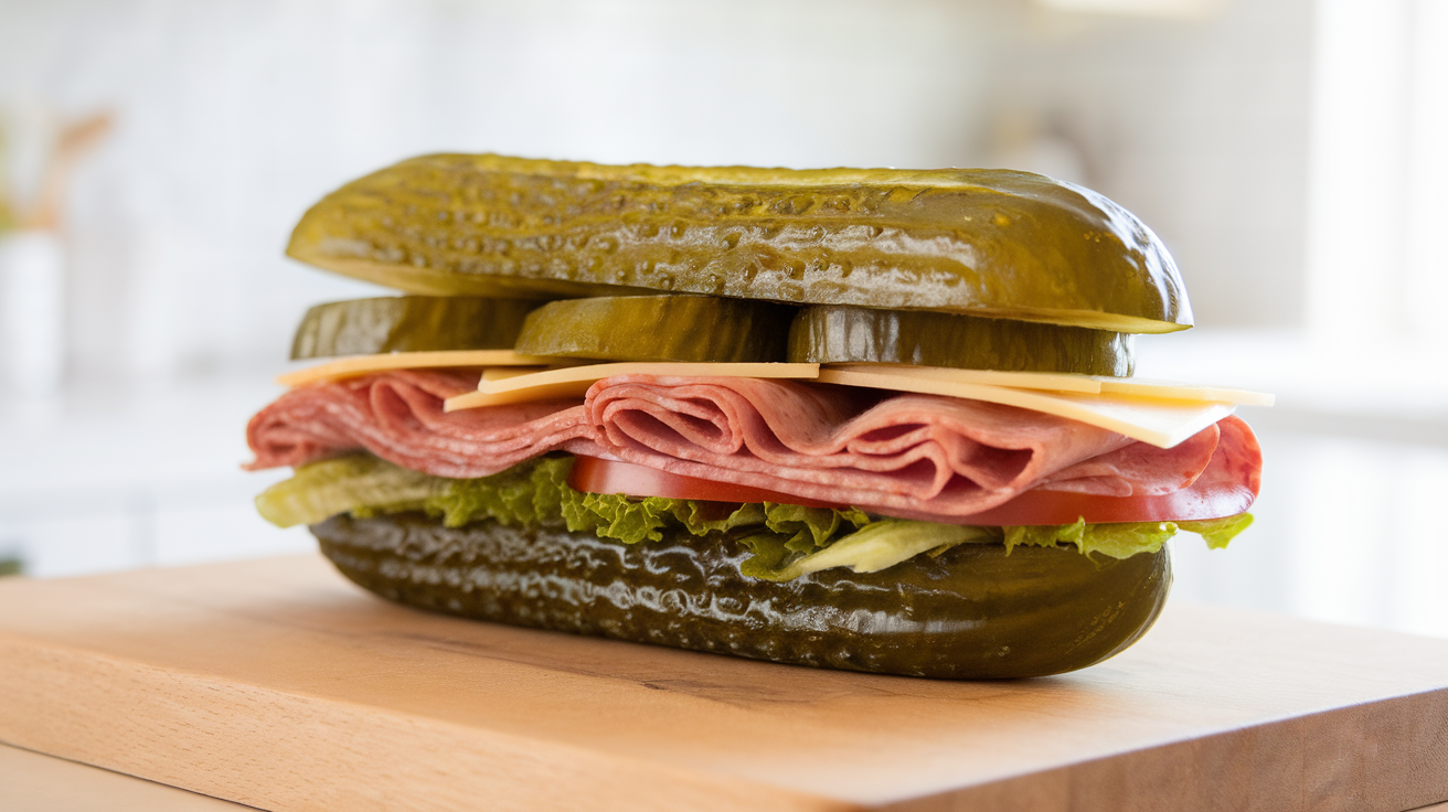 A pickle sandwich made with large dill pickles sliced lengthwise, filled with deli meats, cheese, and lettuce.