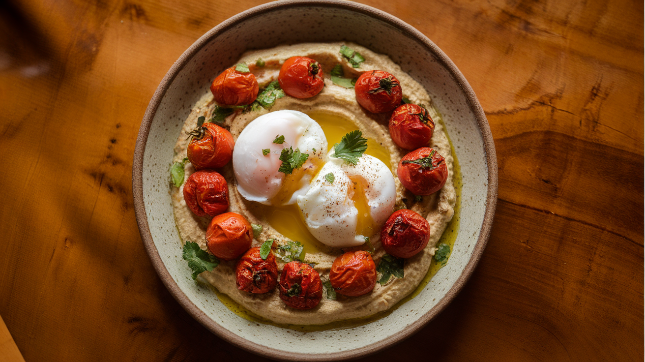A plate of poached eggs served over creamy hummus with roasted cherry tomatoes and fresh herbs, garnished with a drizzle of olive oil.