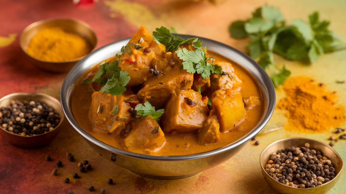 A delicious plate of Aloo Bhujia, an Indian potato curry made with spices, garnished with fresh cilantro, and served with rice.