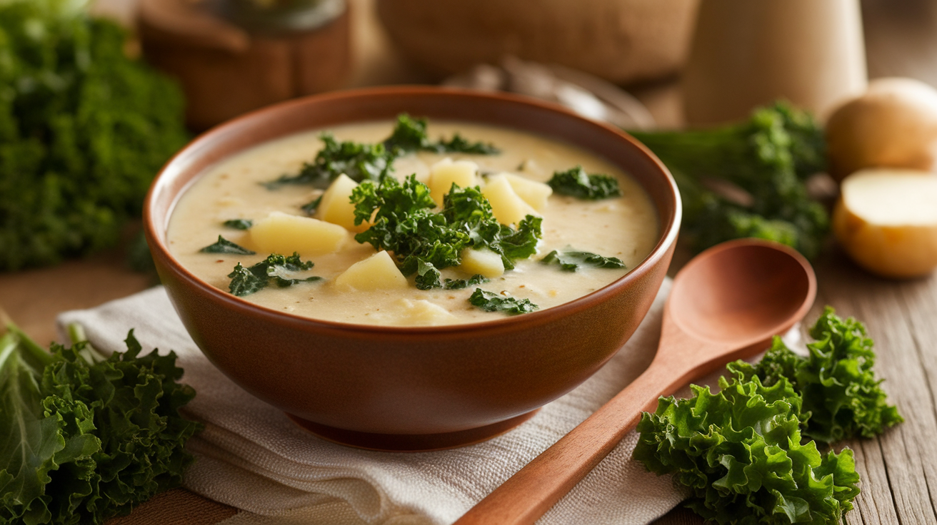A warm bowl of creamy potato kale soup garnished with fresh kale leaves and cracked black pepper.