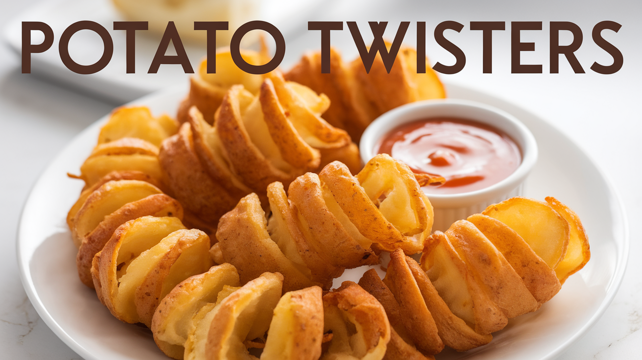 Delicious golden potato twisters served with dipping sauce on a wooden platter.