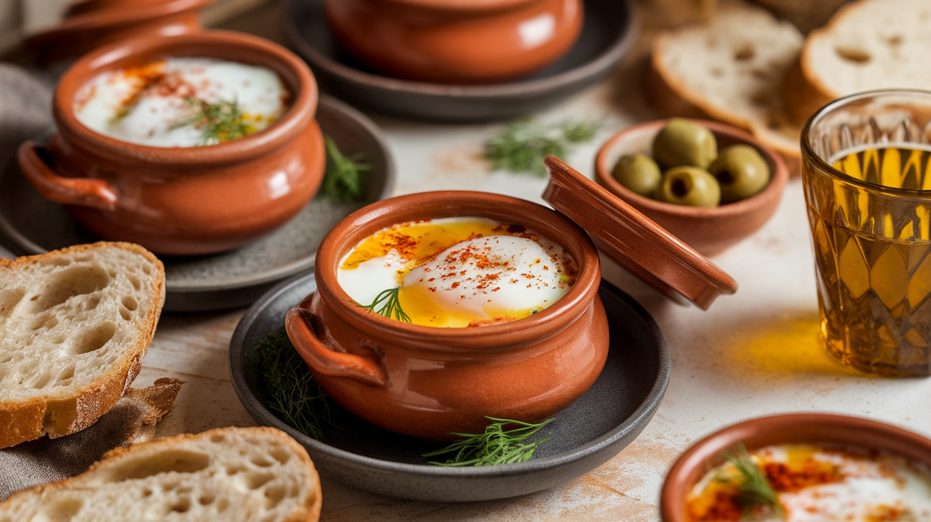 Prepped Turkish egg pots with poached eggs, yogurt, and chili butter, ready to serve.