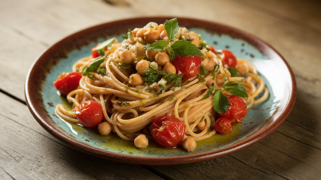 A bowl of spaghetti tossed with roasted cherry tomatoes, chickpeas, fresh herbs, and a light drizzle of olive oil.