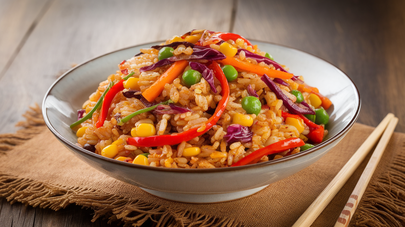 A vibrant plate of rainbow fried rice with a mix of colorful vegetables and a sprinkle of green onions, served in a traditional bowl.