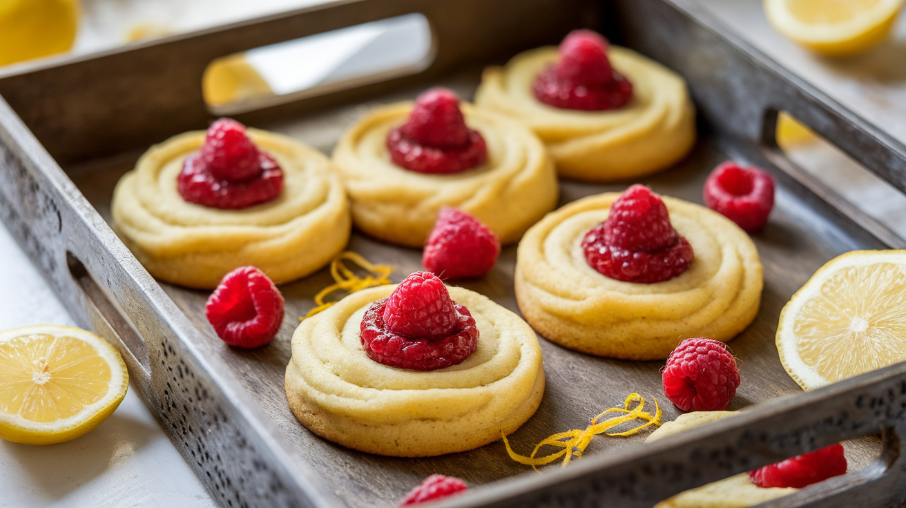 Raspberry curd lemon cookies stacked on a plate, with a glossy raspberry filling visible in the center of each cookie.