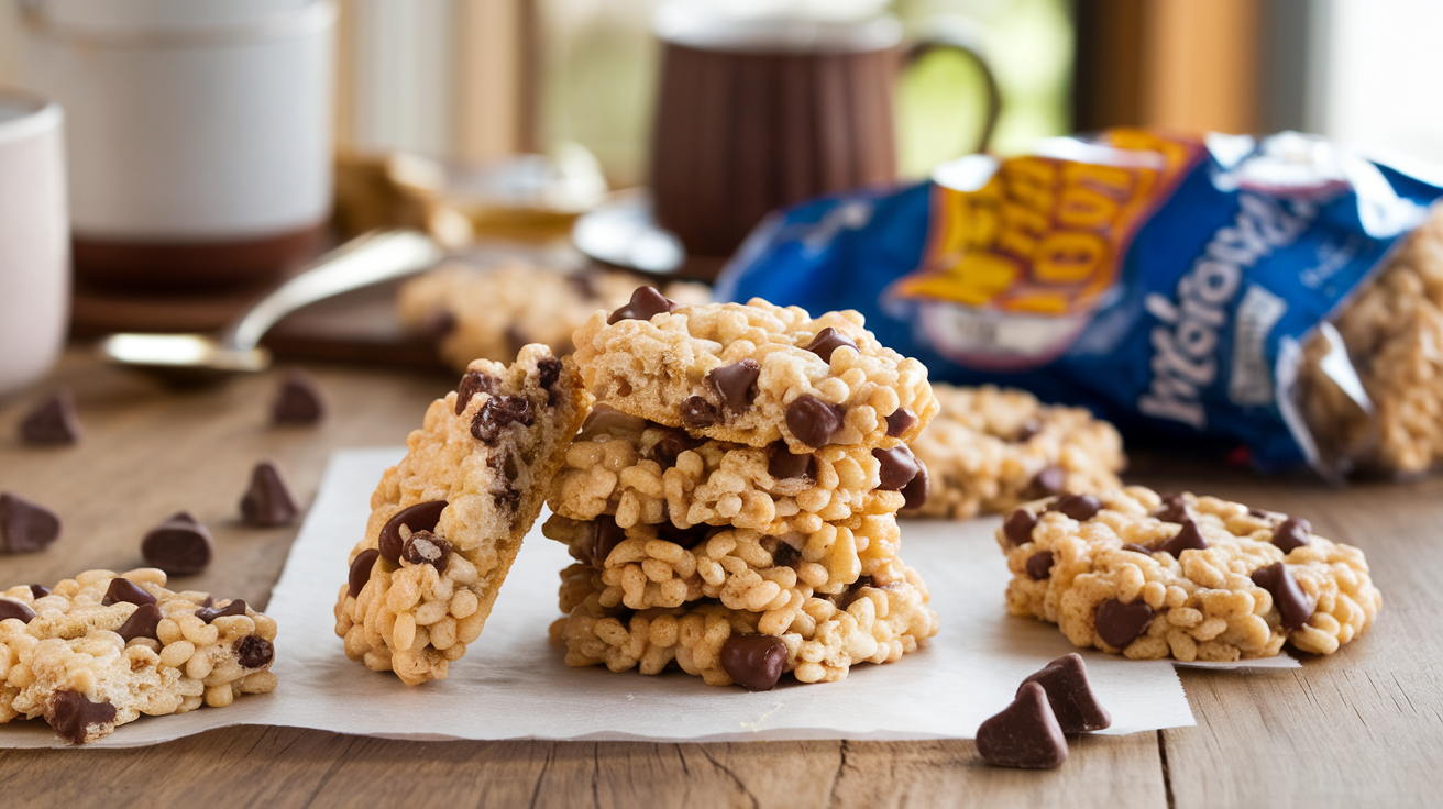Close-up of freshly baked Rice Krispie chocolate chip cookies with gooey chocolate chips and crispy rice cereal texture.