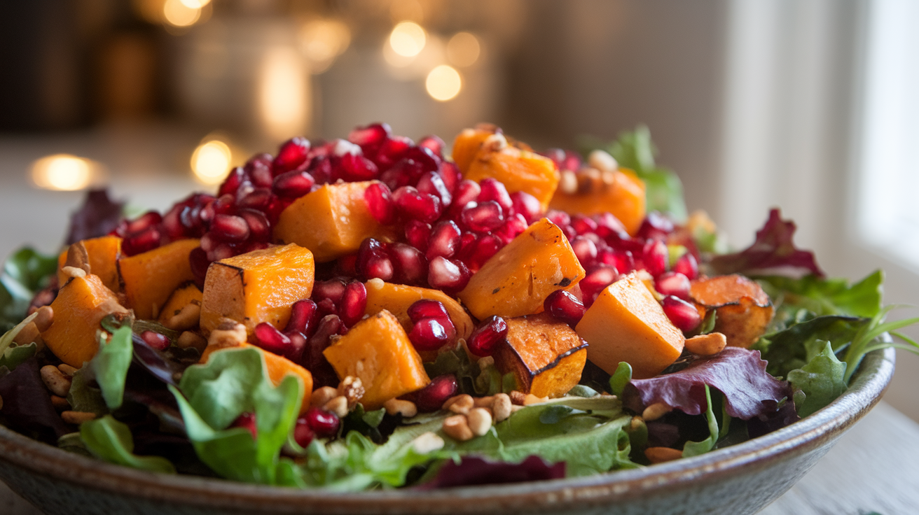 Roasted butternut squash cubes mixed with fresh pomegranate seeds, greens, and nuts in a bowl.